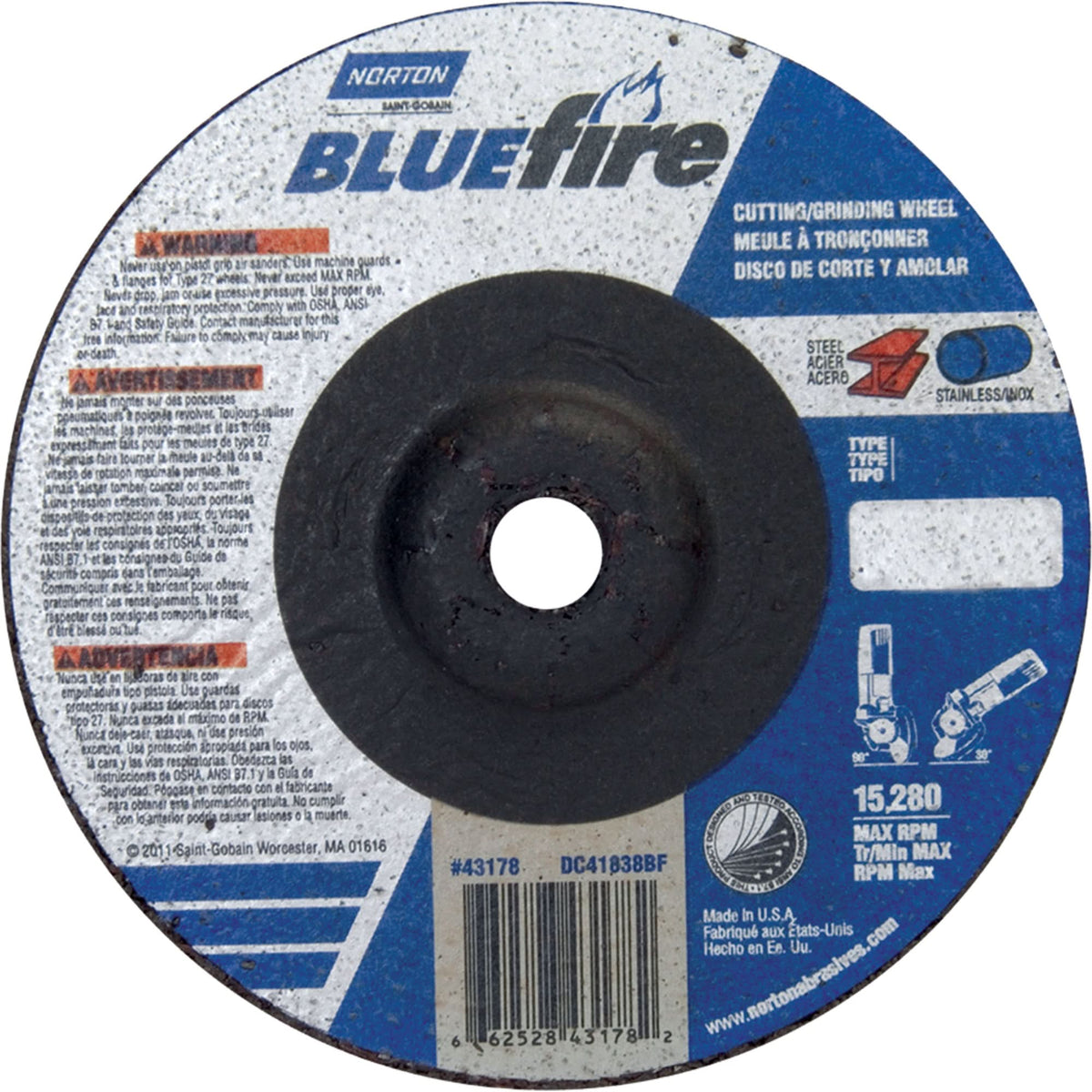 BlueFire® Grinding Wheel, 5" x 1/8", 7/8" Arbor, Aluminum Oxide/Zirconium, Type 27