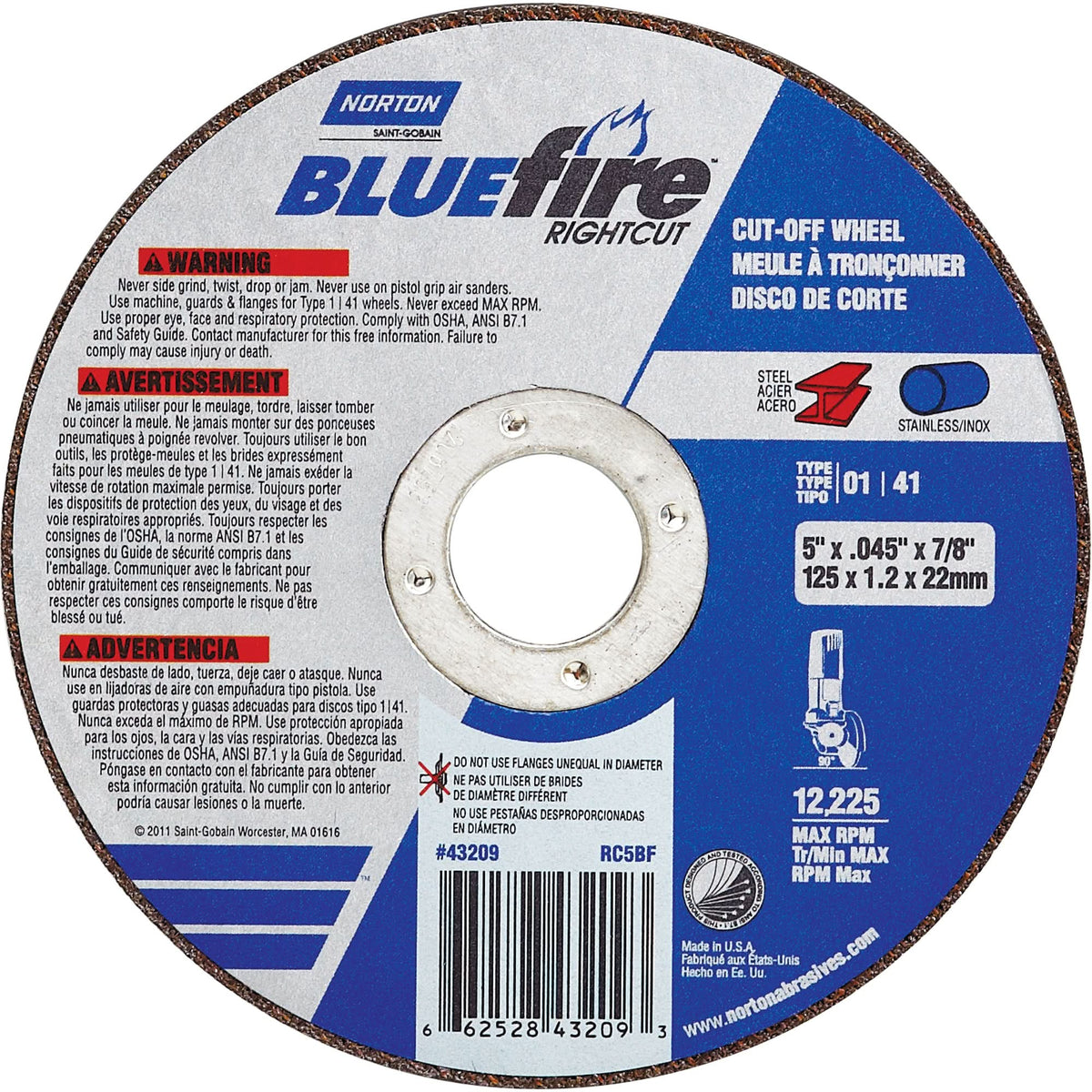 BlueFire® Cut-off Wheel, 5" x 0.045"/1/16", 7/8" Arbor, Type 01/41, Aluminum Oxide/Zirconium, 12225 RPM
