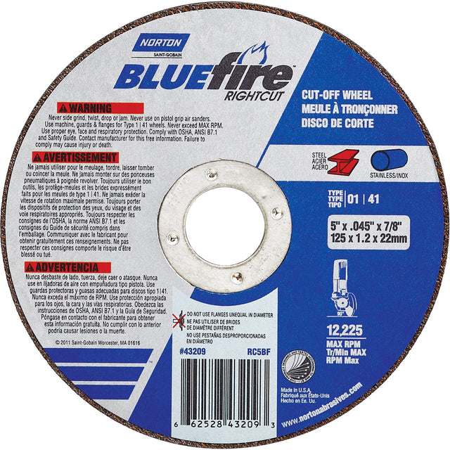 BlueFire® Cut-off Wheel, 4-1/2" x 0.045"/1/16", 7/8" Arbor, Type 01/41, Aluminum Oxide/Zirconium, 13580 RPM