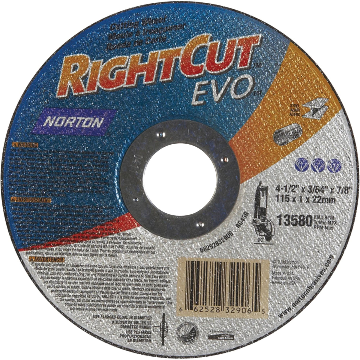Right Angle Grinder Reinforced Cut-Off Wheels - RightCut™  Evo, 7" x 0.045", 7/8" Arbor, Type 1, Aluminum Oxide, 8730 RPM