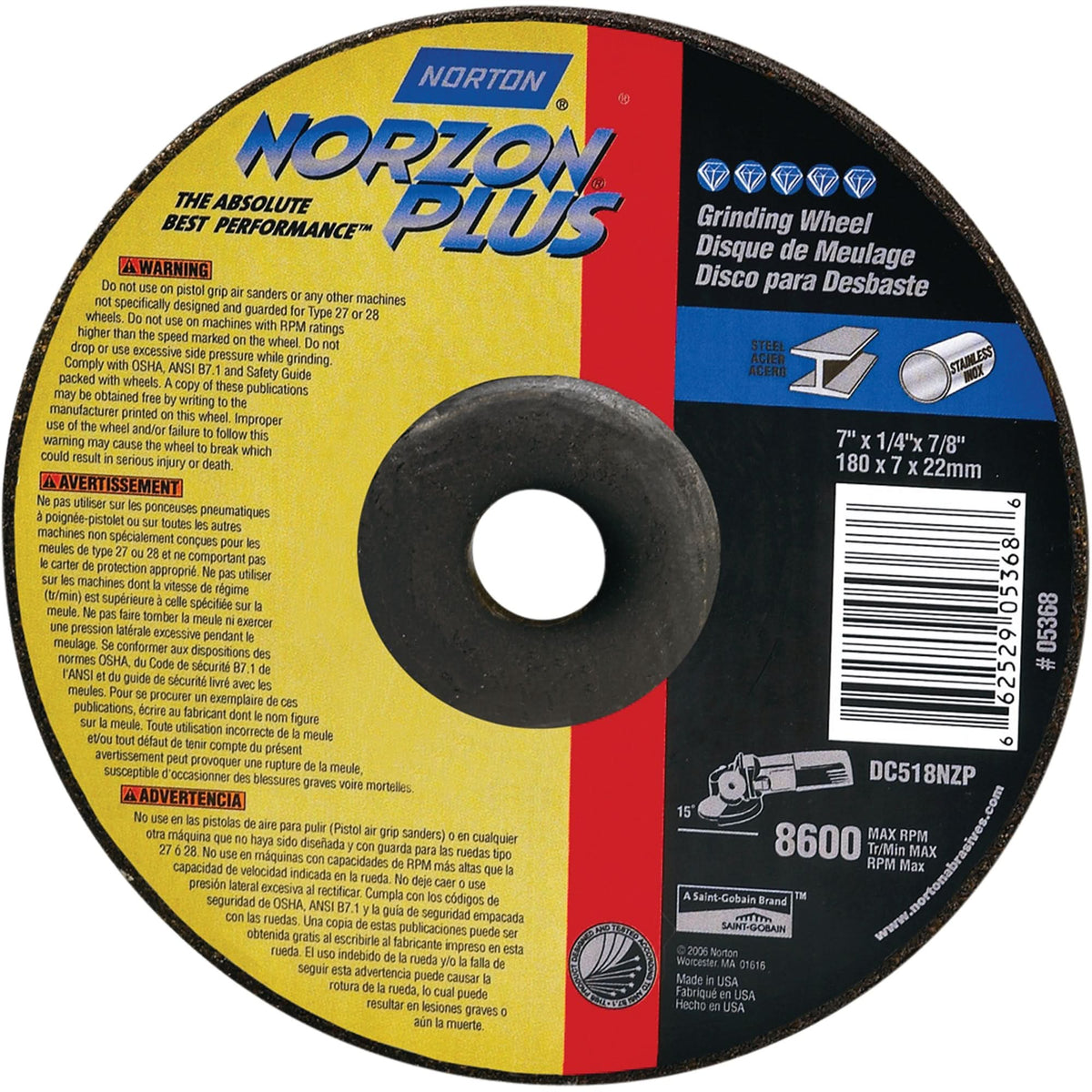Norzon Plus® Depressed Centre Grinding Wheels, 4-1/2" x 1/4", 7/8" Arbor, Ceramic/Zirconium, Type 27