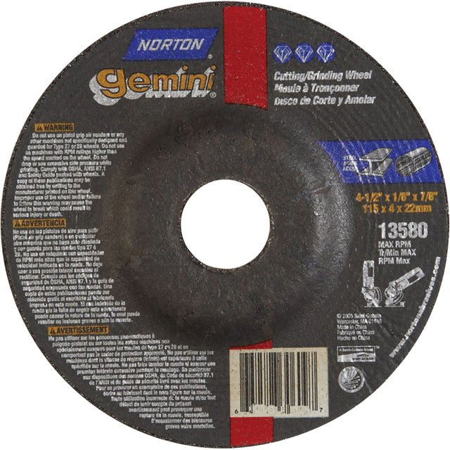 Depressed Centre Grinding Wheels - Gemini®, 4-1/2" x 1/8", 7/8" Arbor, Type 27, Aluminum Oxide, 13580 RPM
