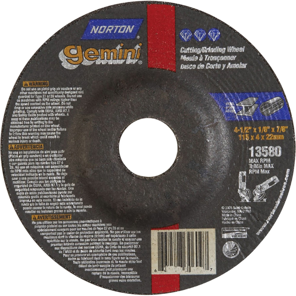Gemini® Depressed Centre Grinding Wheels, 6" x 1/8", 7/8" Arbor, Aluminum Oxide, Type 27