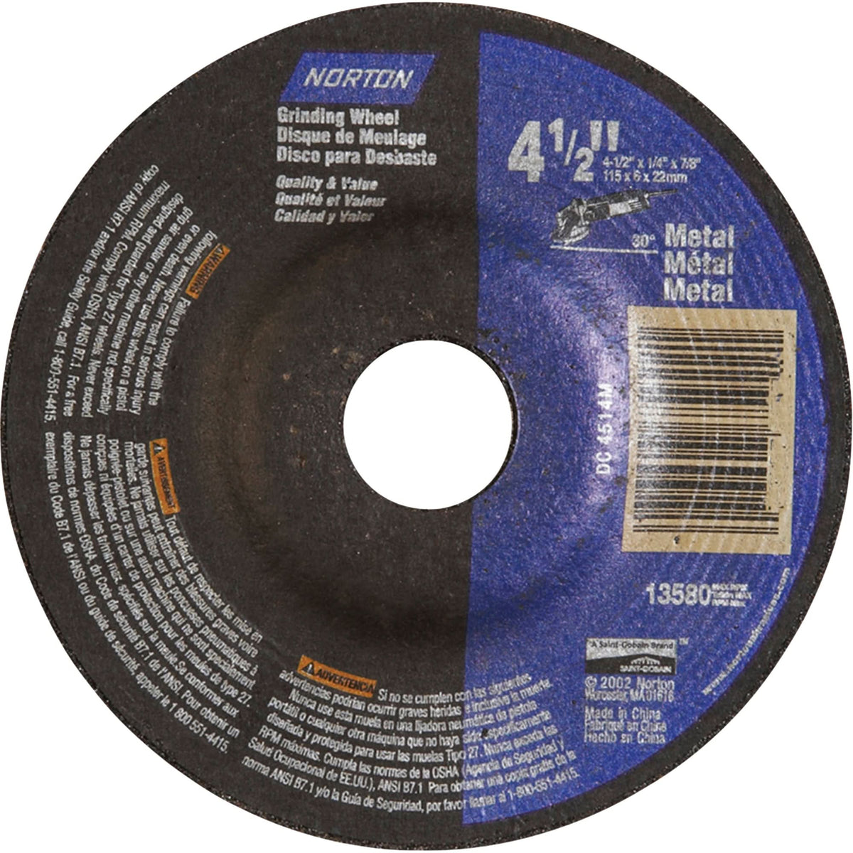 Depressed Centre Metal Grinding Wheels, 4-1/2" x 1/4", 7/8" Arbor, Aluminum Oxide, Type 27