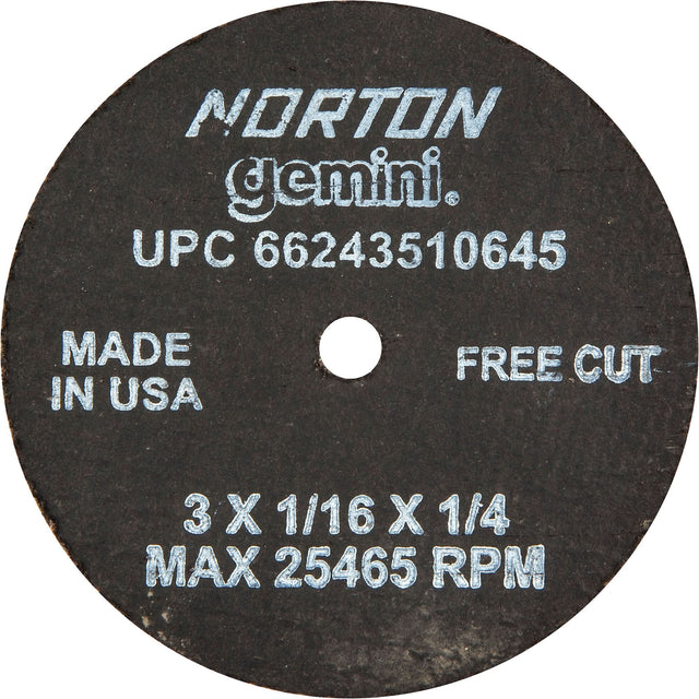 Portable Small Diameter Reinforced Cut-Off Wheels - Gemini®, 3" x 1/16", 1/4" Arbor, Type 1, Aluminum Oxide, 25465 RPM