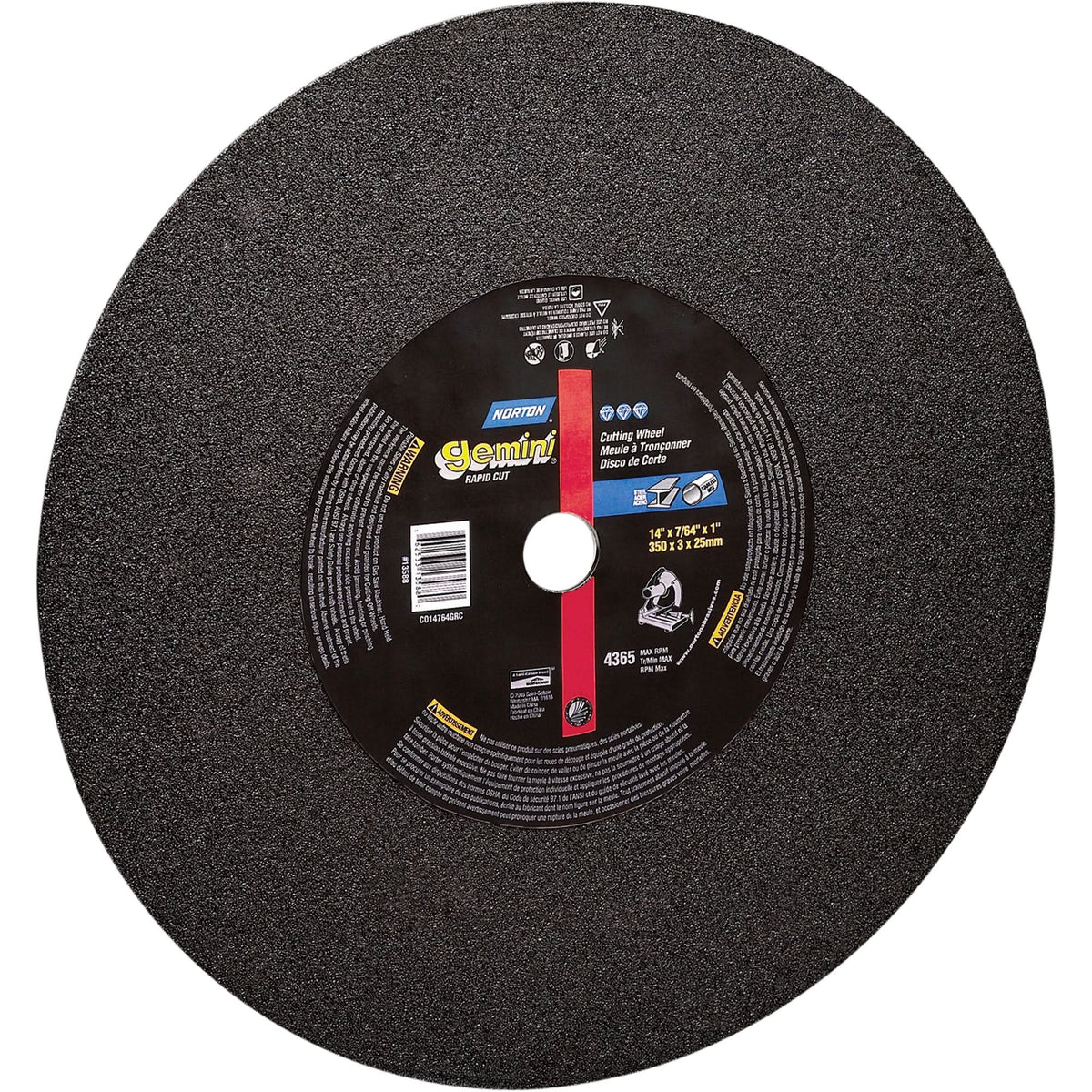 Chop Saw Reinforced Cut-Off Wheels - Gemini®, 14" x 3/32"/7/64", 1" Arbor, Type 1, Aluminum Oxide, 4365 RPM