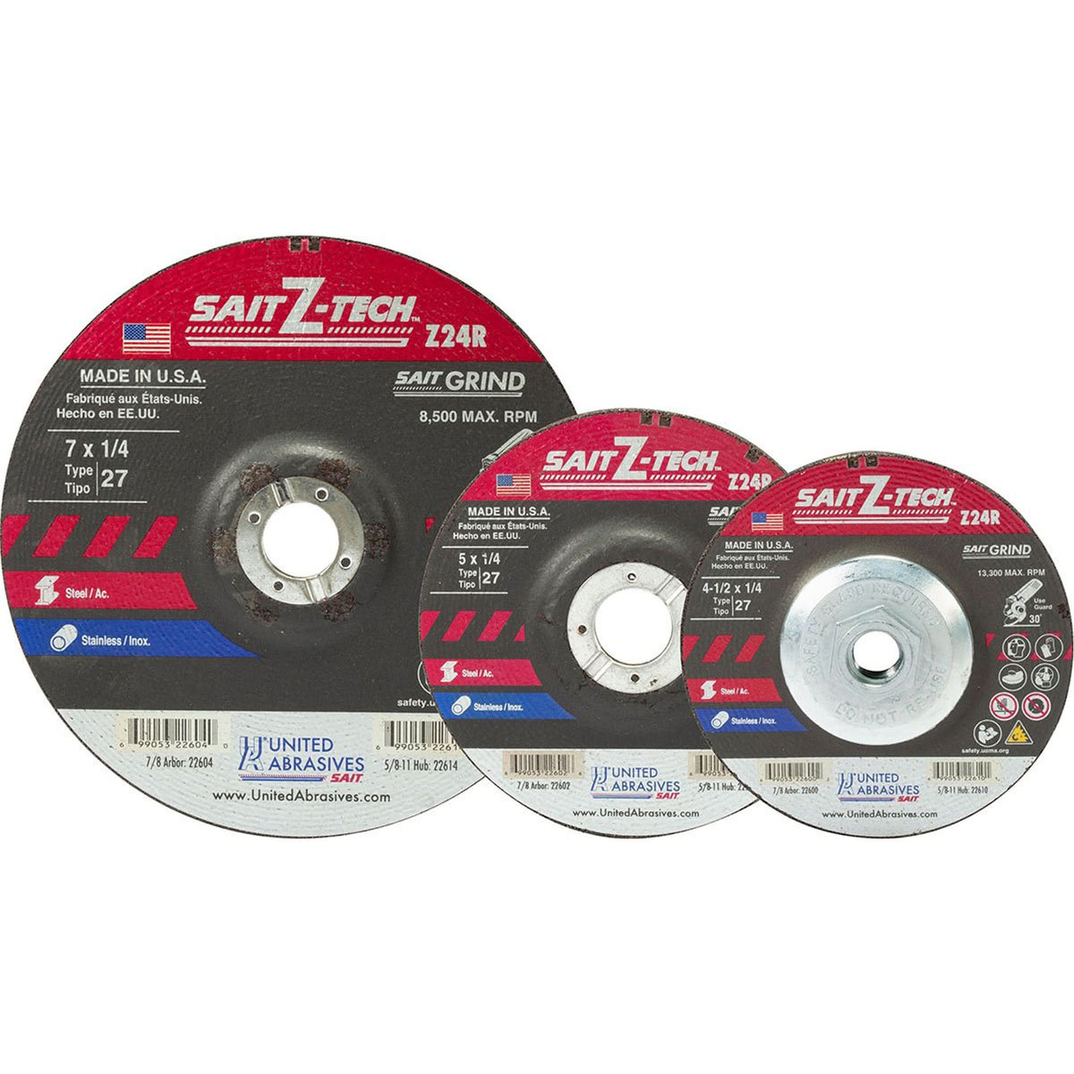 Sait Z-Tech™ Z24R Grinding Wheel, 7" x 1/4", 7/8" Arbor, Zirconium, Type 27