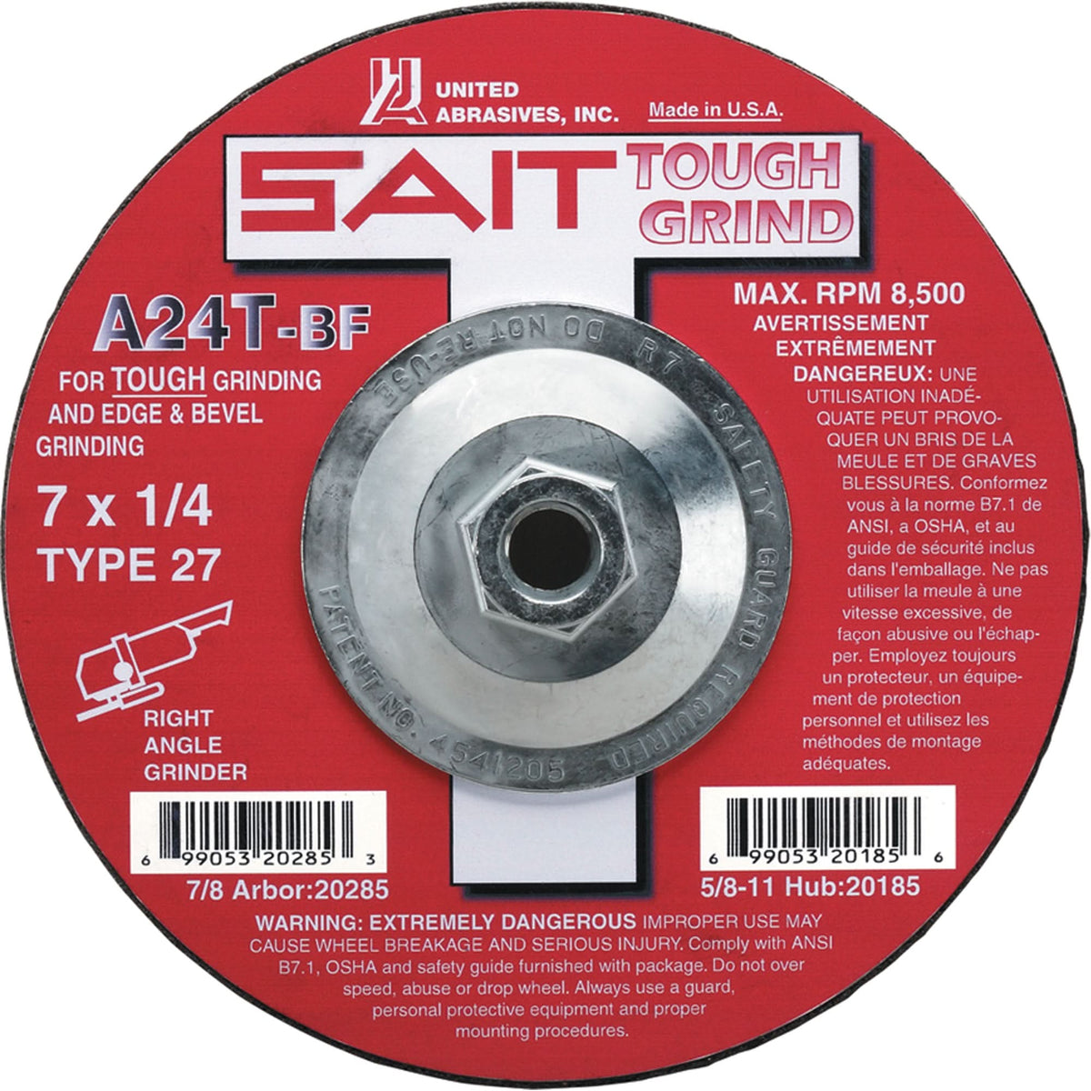 A24T Tough Grind Grinding Wheel, 7" x 1/4", 7/8" Arbor, Aluminum Oxide, Type 27