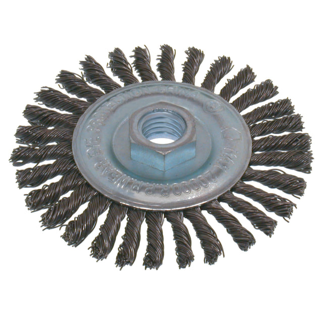 Economy High Speed Stringer Bead Knot Wire Wheel Brush, 5" Dia., 0.02" Fill, 5/8"-11 Arbor, Steel