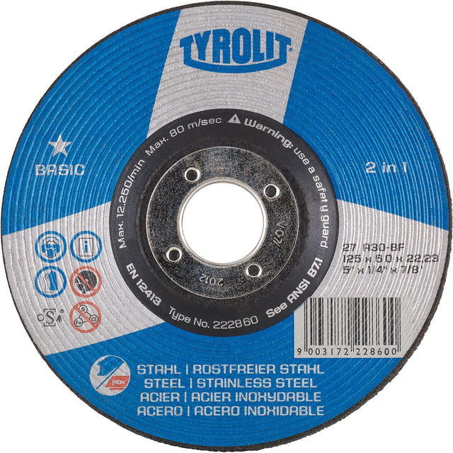 Basic 2-in-1 Grinding Wheel, 5" x 1/4", 7/8" Arbor, Type 27