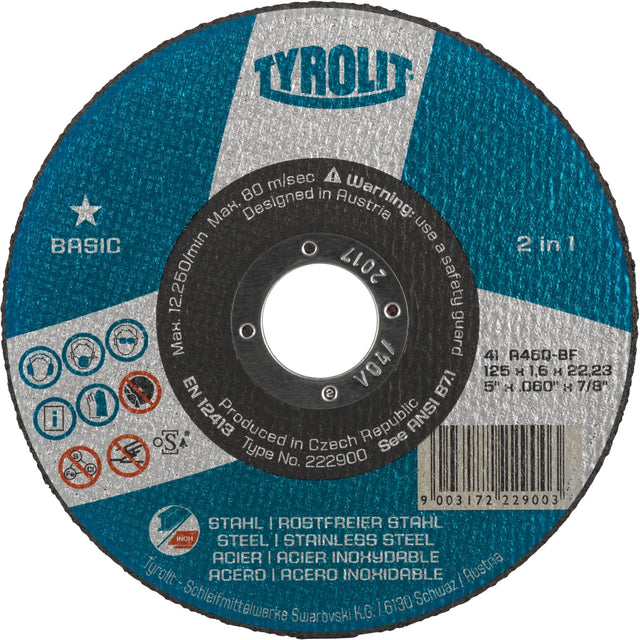 Basic 2 In 1 Cut-Off Wheel, 4-1/2" x 1/16", 7/8" Arbor, Type 1, Aluminum Oxide, 13300 RPM