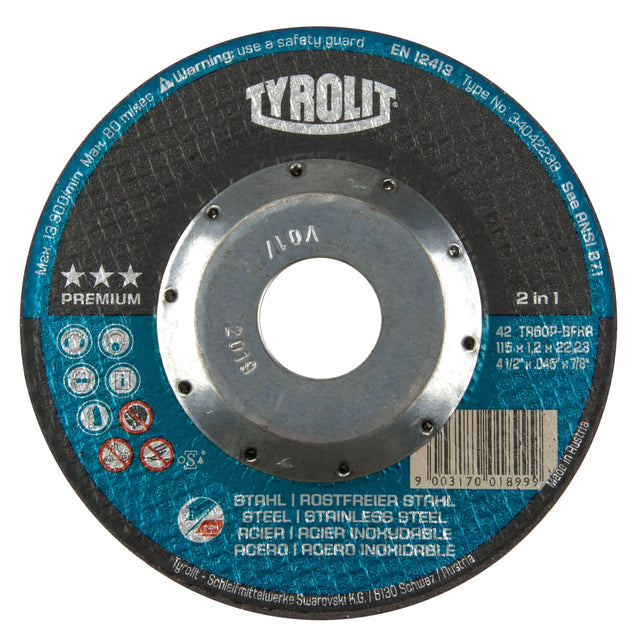Premium 2 In 1 Thincut Cut-Off Wheel, 4-1/2" x 0.045", 7/8" Arbor, Type 27, Aluminum Oxide, 13300 RPM