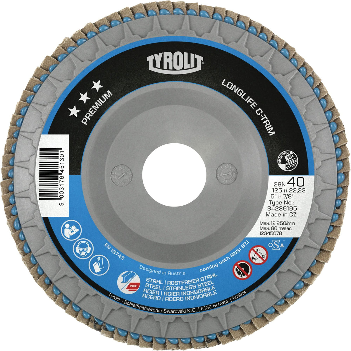 Long Life C-Trim Flap Disc, 5" x 7/8", Type 29, 40 Grit, Zirconia Alumina