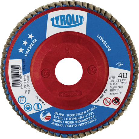 Long Life Flap Disc, 5" x 7/8", Type 27, 40 Grit, Zirconium