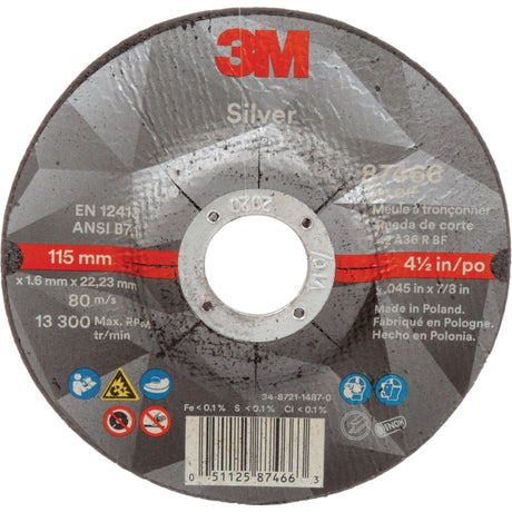 Silver Cut-Off Wheel, 4-1/2" x 0.045", 7/8" Arbor, Type 27, Ceramic, 13300 RPM