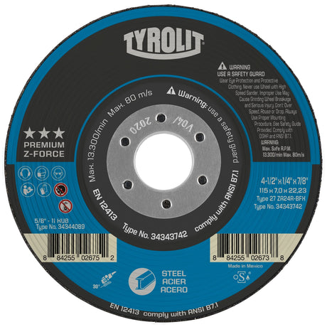 Z-Force Grinding Wheel, 4-1/2" x 1/4", 7/8" Arbor, Zirconium, Type 27