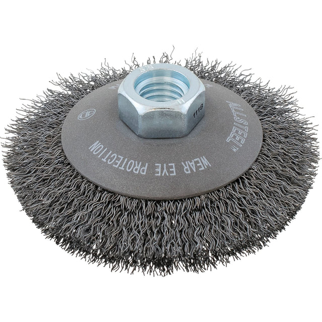 AllSteel™ Crimped Wire Brush, 4" Dia., 0.0118" Fill, 5/8"-11 Arbor