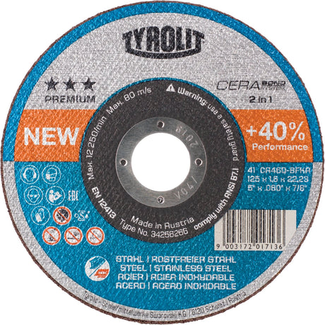 Premium Cerabond Cut-Off Wheel, 5" x 1/16", 7/8" Arbor, Type 27, Ceramic, 12250 RPM