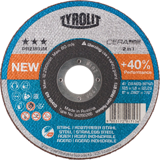 Premium Cerabond Cut-Off Wheel, 5" x 1/16", 7/8" Arbor, Type 27, Ceramic, 12250 RPM