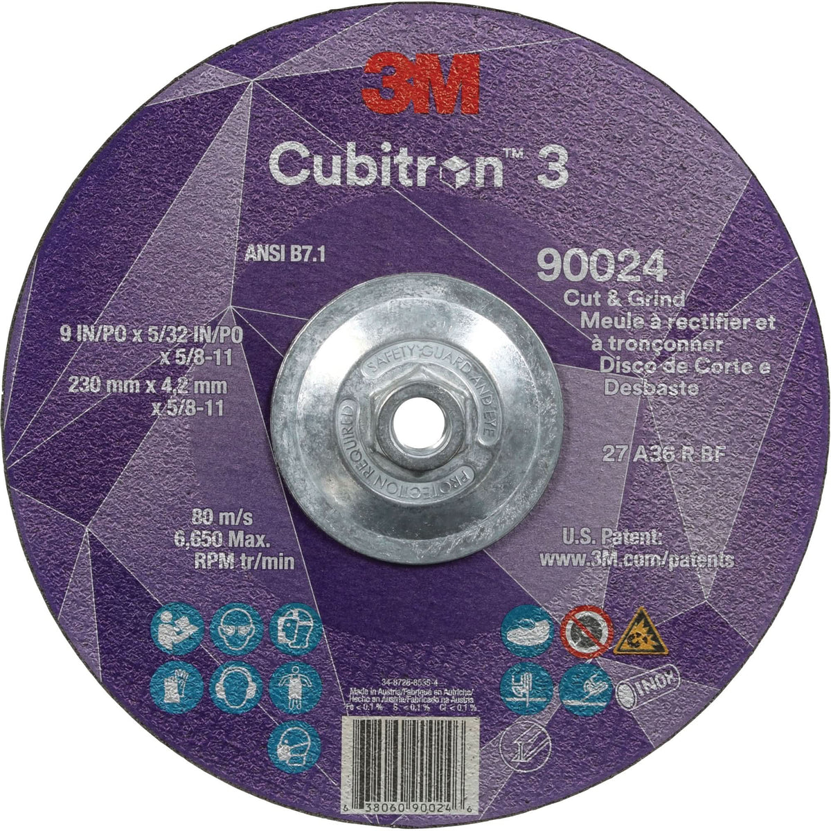Cubitron™ 3 Cut and Grind Wheel, 9" x 5/32", 5/8"-11 Arbor, Type 27, 36 Grit, Ceramic