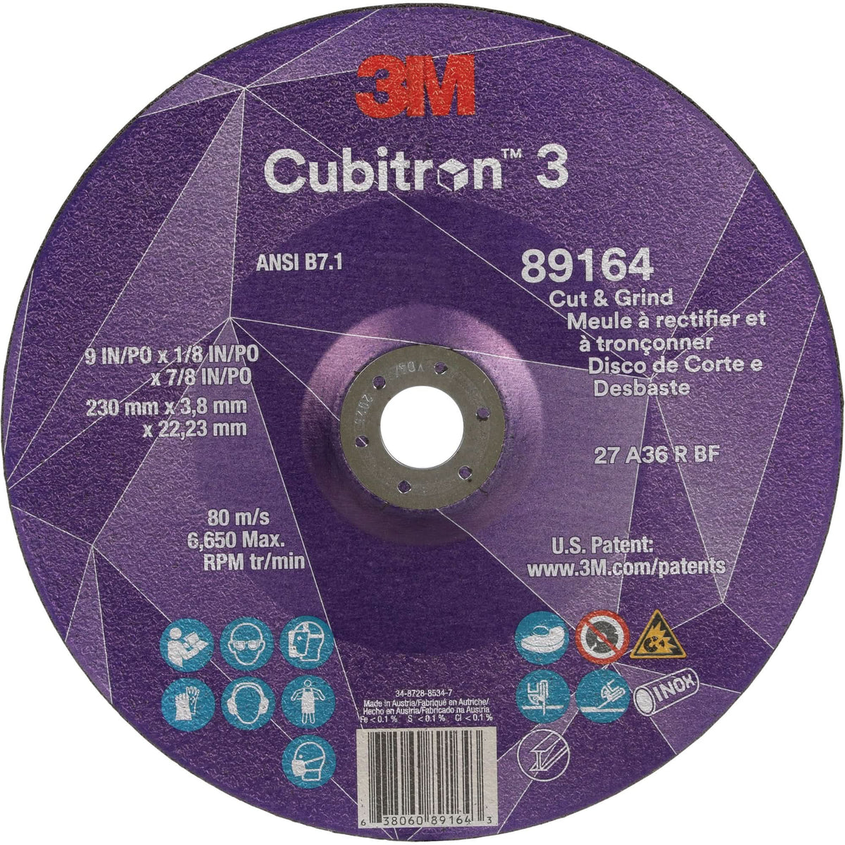 Cubitron™ 3 Cut and Grind Wheel, 9" x 1/8", 7/8" Arbor, Type 27, 36 Grit, Ceramic