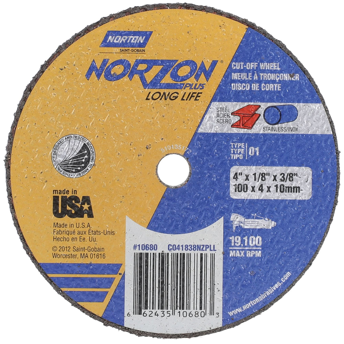 NorZon Plus SGZ CA Small Diameter Cut-Off Wheel, 4" x 1/8", 3/8" Arbor, Type 01/41, Ceramic Alumina, 19100 RPM