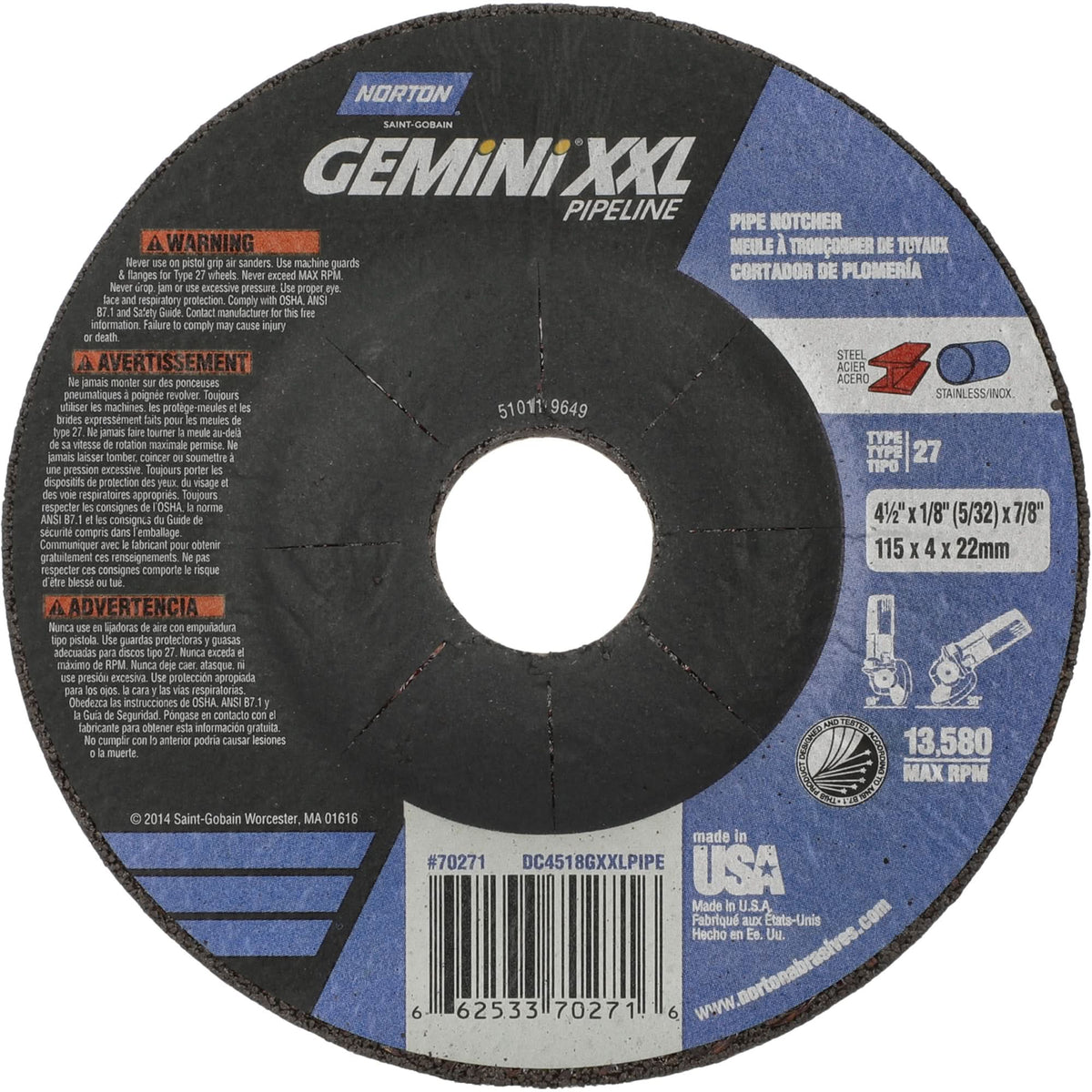 Gemini XXL Grinding & Cutting Wheel, 4-1/2" x 1/8", 7/8" Arbor, Type 27, Aluminum Oxide