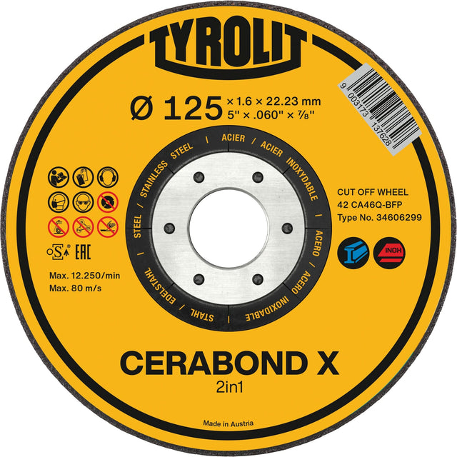 CERABOND X Cut-Off Wheel for Steel & Stainless Steel, 5" x 0.45", 7/8" Arbor, Type 1, Ceramic, 12250 RPM
