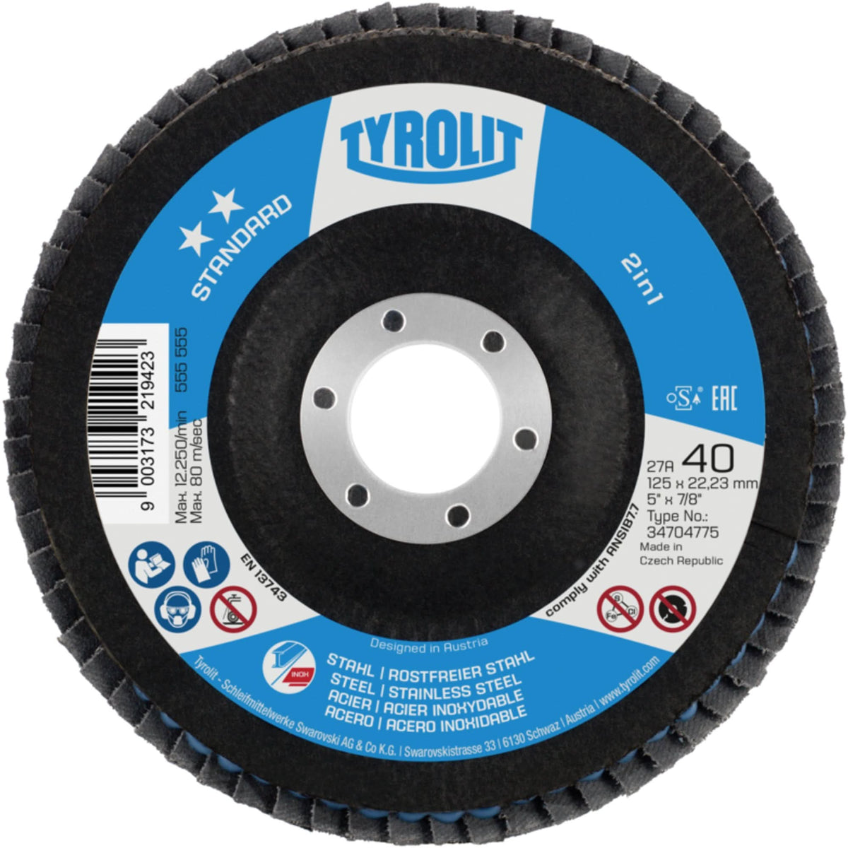 2-in-1 Flap Disc, 4-1/2" x 22.5 mm, Type 27A, 60 Grit, Ceramic Alumina