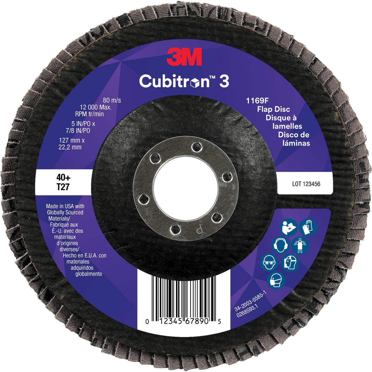 Cubitron™ 3 Flat Flap Disc 1169F, 5" x 7/8", Type T27, 40+ Grit, Ceramic