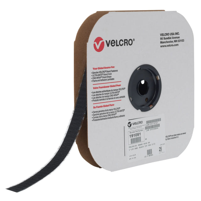 Fastener Tape, Hook, 25 yds x 1", Adhesive, Black