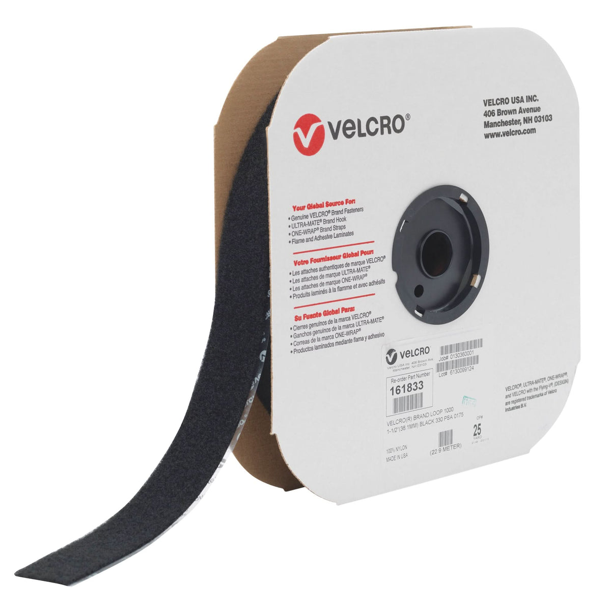 Fastener Tape, Loop, 25 yds x 2", Adhesive, Black