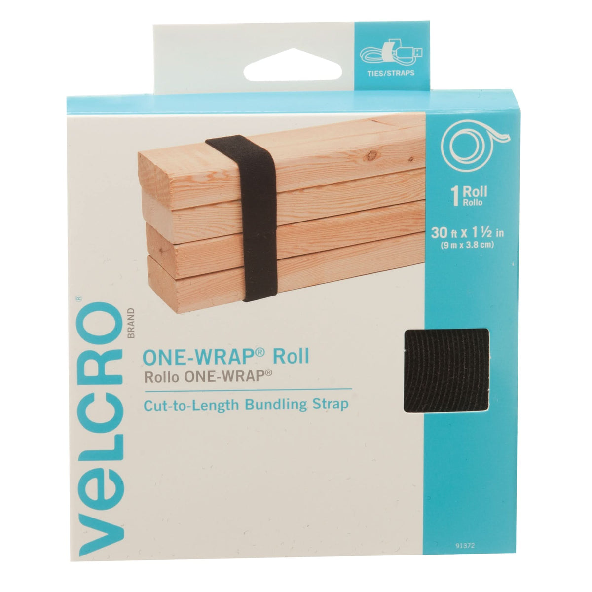 One-Wrap® Fastener Tape, Hook & Loop, 30' x 1-1/2", Self-Grip, Black