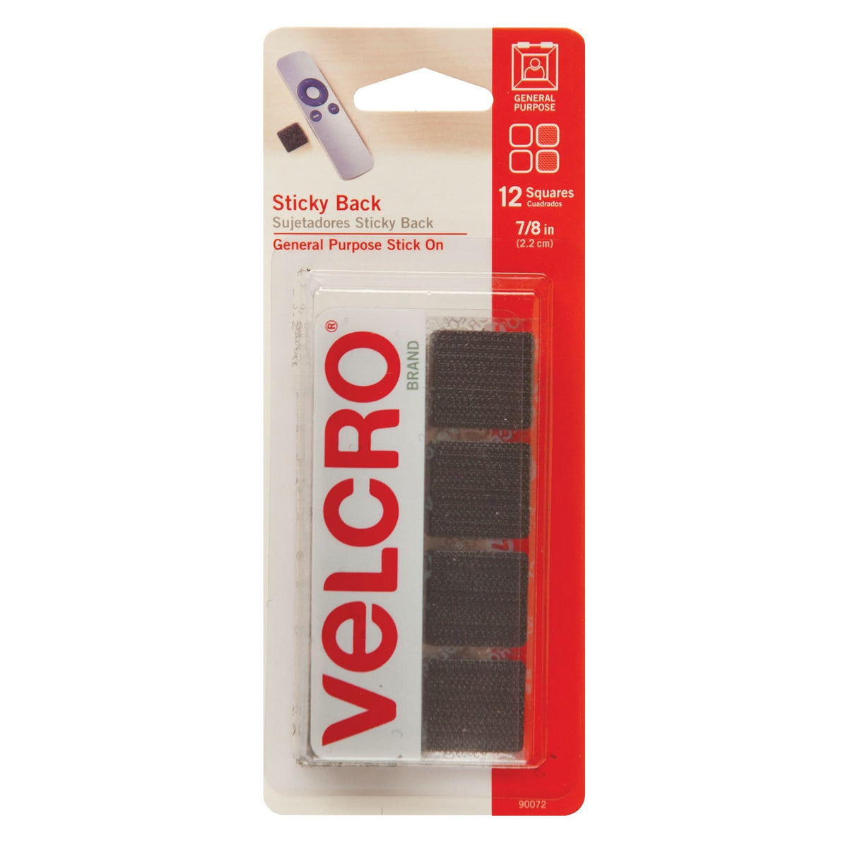 Fastener Squares, Hook & Loop, 7/8" Dia., Adhesive, Black
