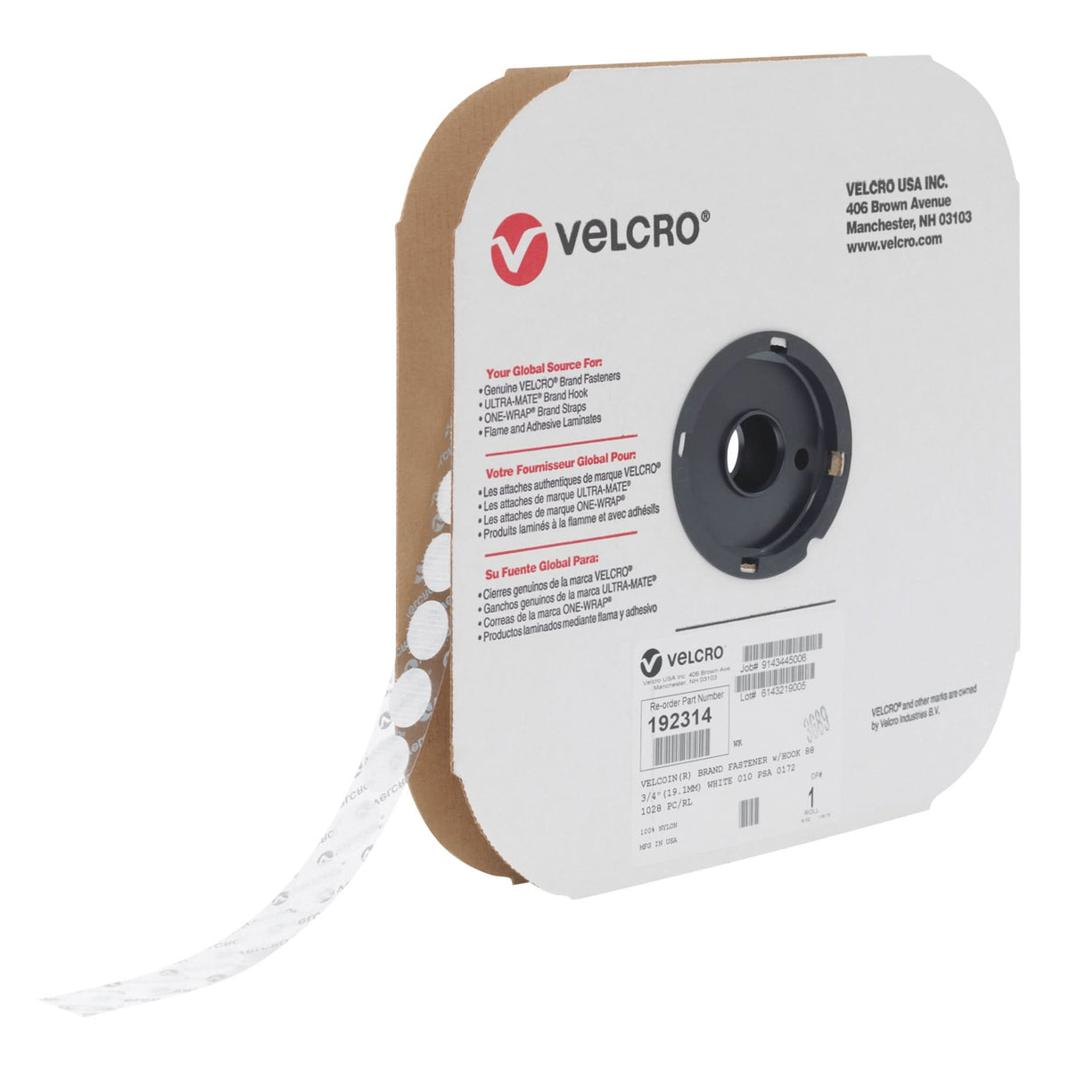 Velcoin® Fastener, Hook, 3/4" Dia., Adhesive, White