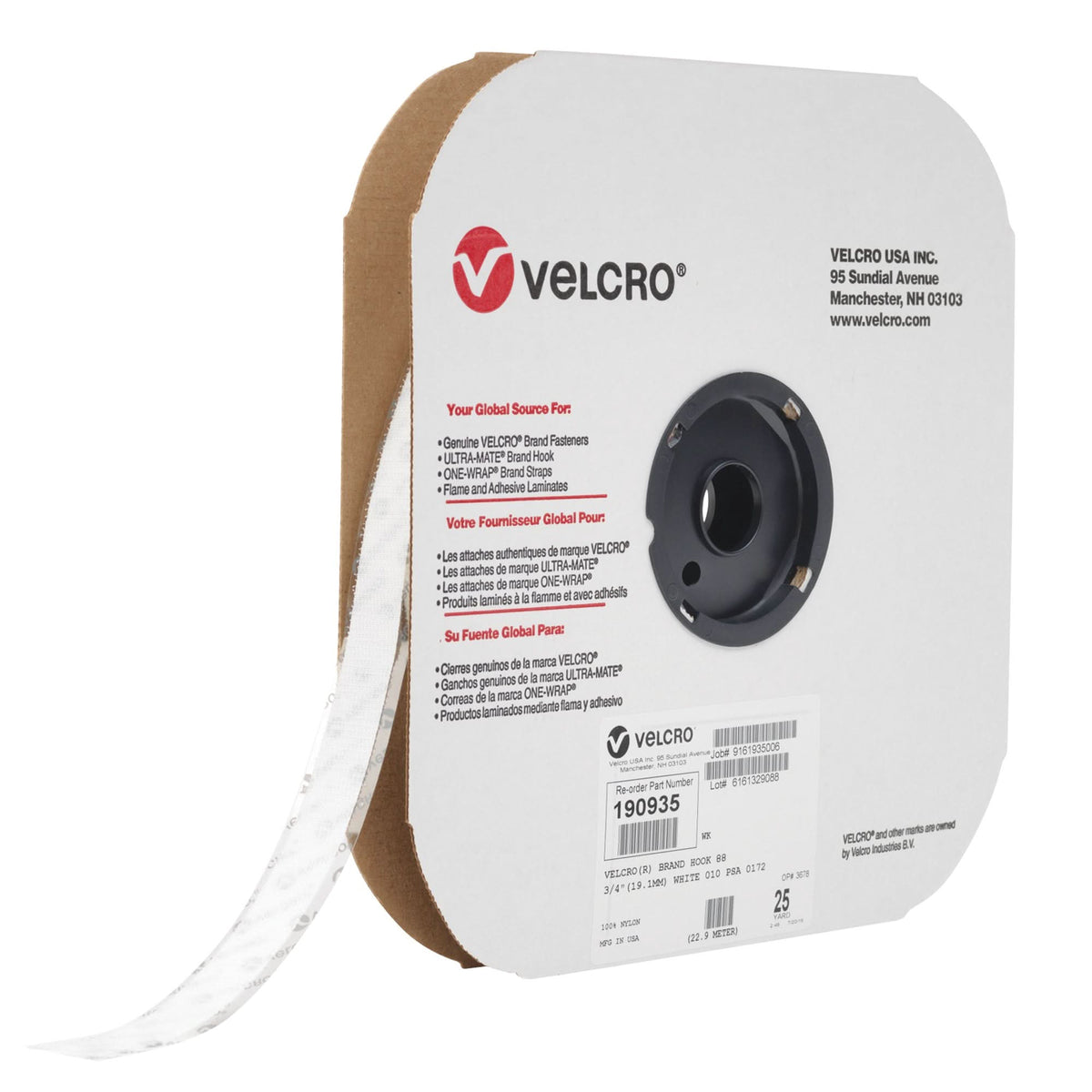 Fastener Tape, Hook, 25 yds x 3/4", Adhesive, White