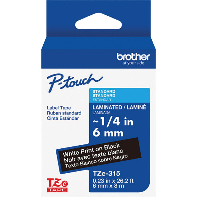 TZe-315 Laminated Tape for TZe-Compatible P-Touch Label Makers, White on Black, 0.23" Width