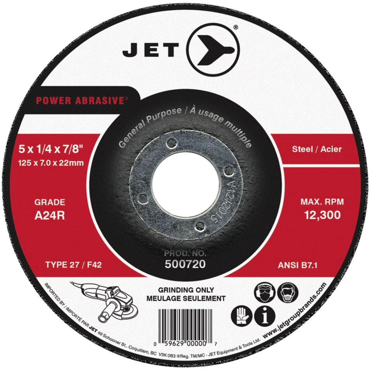 A24R Power Abrasive Grinding Wheel, 4-1/2" x 1/4", 7/8" Arbor, Type 27