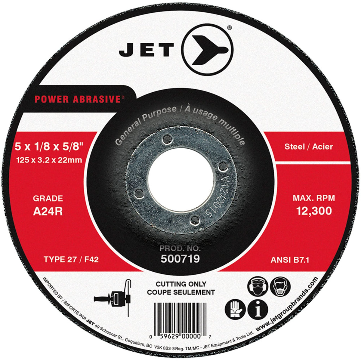Power Abrasive Cut-Off Wheel, 5" x 1/8", 7/8" Arbor, Type 27, 12300 RPM