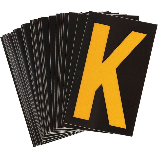 Reflective Individual Number and Letter Labels, K, 1-1/2" H, Yellow on Black