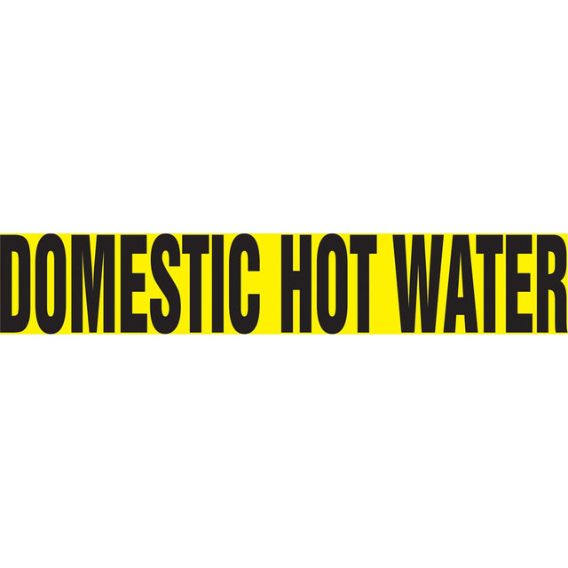 "Domestic Hot Water" Pipe Marker, Self-Adhesive, 1-1/2" H x 8" W, Black on Yellow