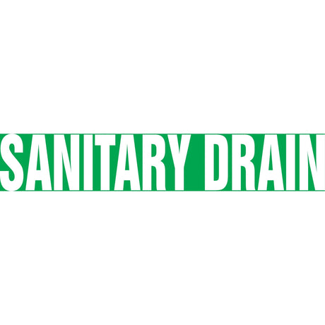 "Sanitary Drain" Pipe Marker, Self-Adhesive, 1" H x 8" W, White on Green