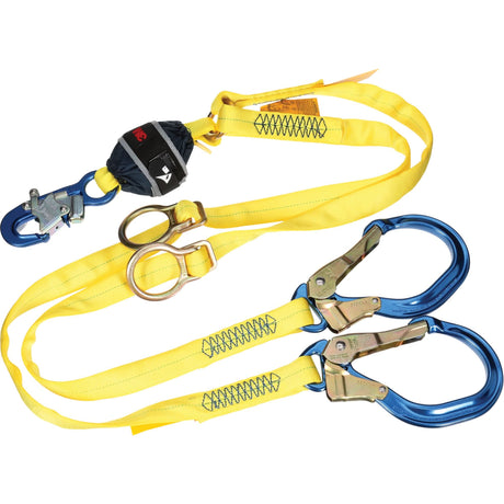 Twin-Leg Tie-Back Web Shock-Absorbing Lanyard, 6', Rebar Hook Center, Snap Hook Leg Ends, Polyester