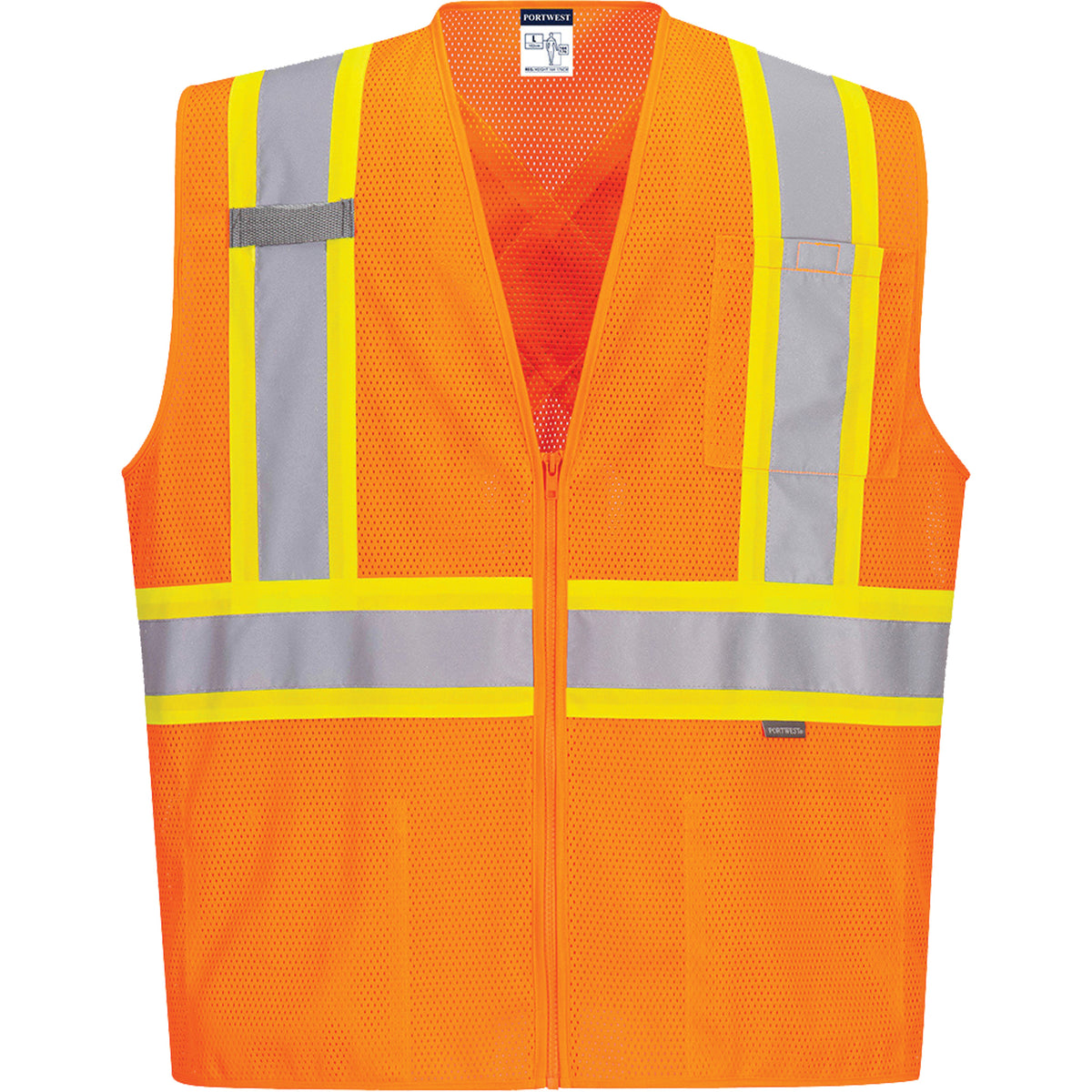 Contrast-Striped Safety Vest, High Visibility Orange, Medium, Polyester