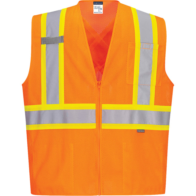 Contrast-Striped Safety Vest, High Visibility Orange, Small, Polyester