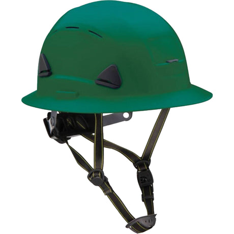 Fibre Metal Climbing Style Helmet with Full Brim, Vented, Ratchet, Green
