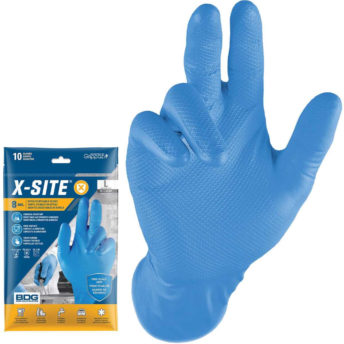 Grippaz™ Disposable Gloves, Large, Nitrile, 8-mil, Powder-Free, Blue