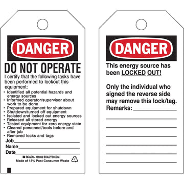 Lockout Tags, Plastic, 3" W x 5-1/2" H, English