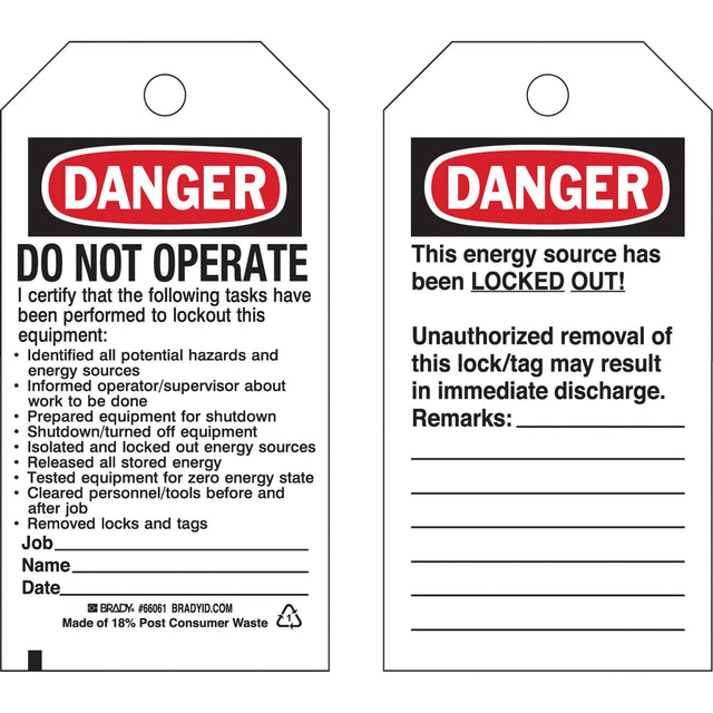 Lockout Tags, Plastic, 3" W x 5-3/4" H, English