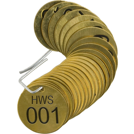 Numbered "HWS" Valve Tags, # 001-025, Brass, 1.5" dia